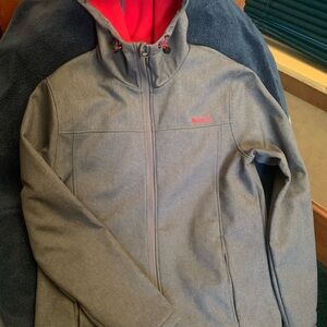 Gray Bench Softshell jacket with red micro fleece lining